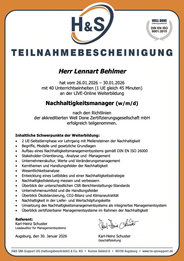 Teilnahmebescheinung am Kurs 
